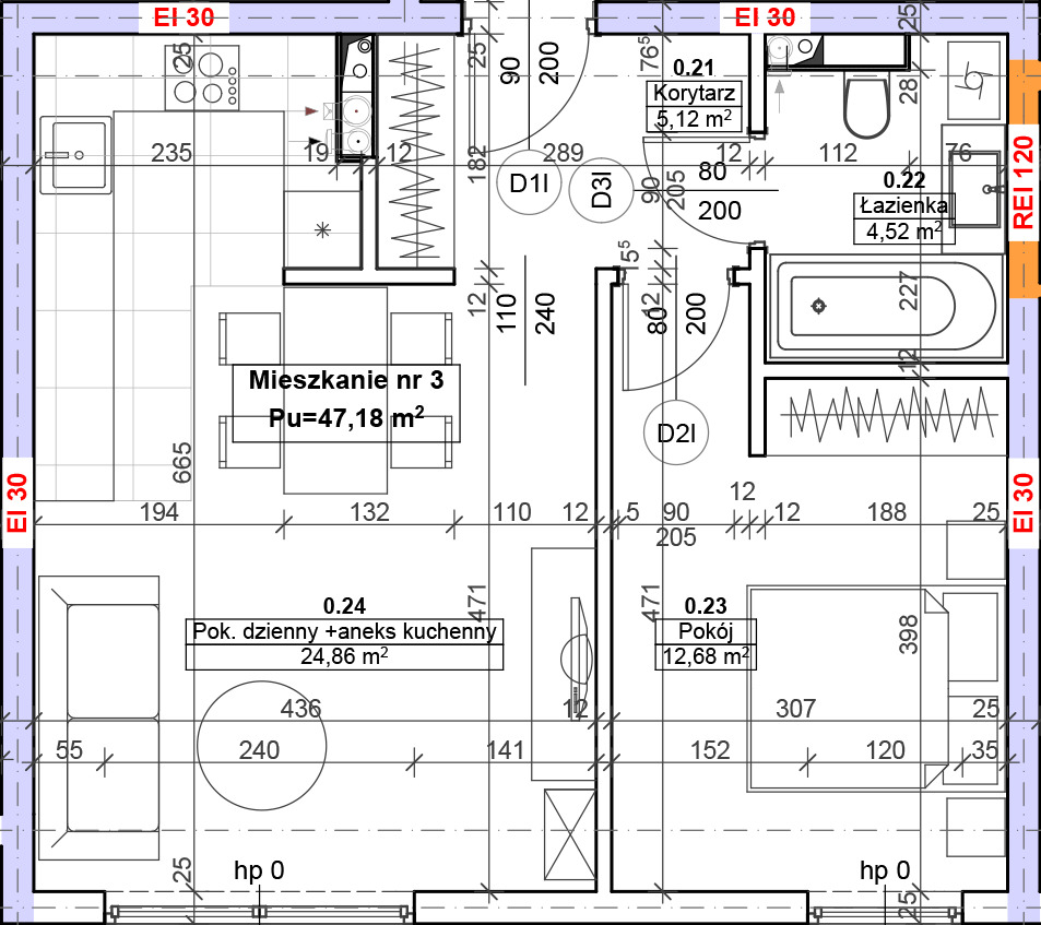 Rzut techniczny mieszkania nr 3