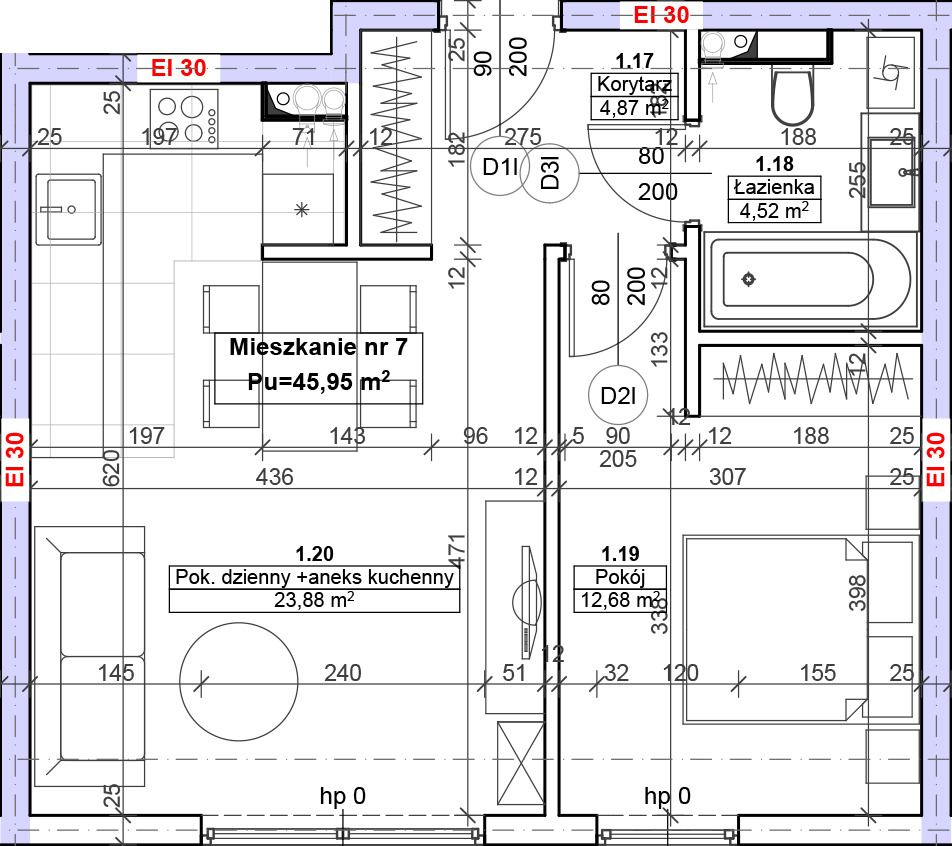 Rzut techniczny mieszkania nr 7
